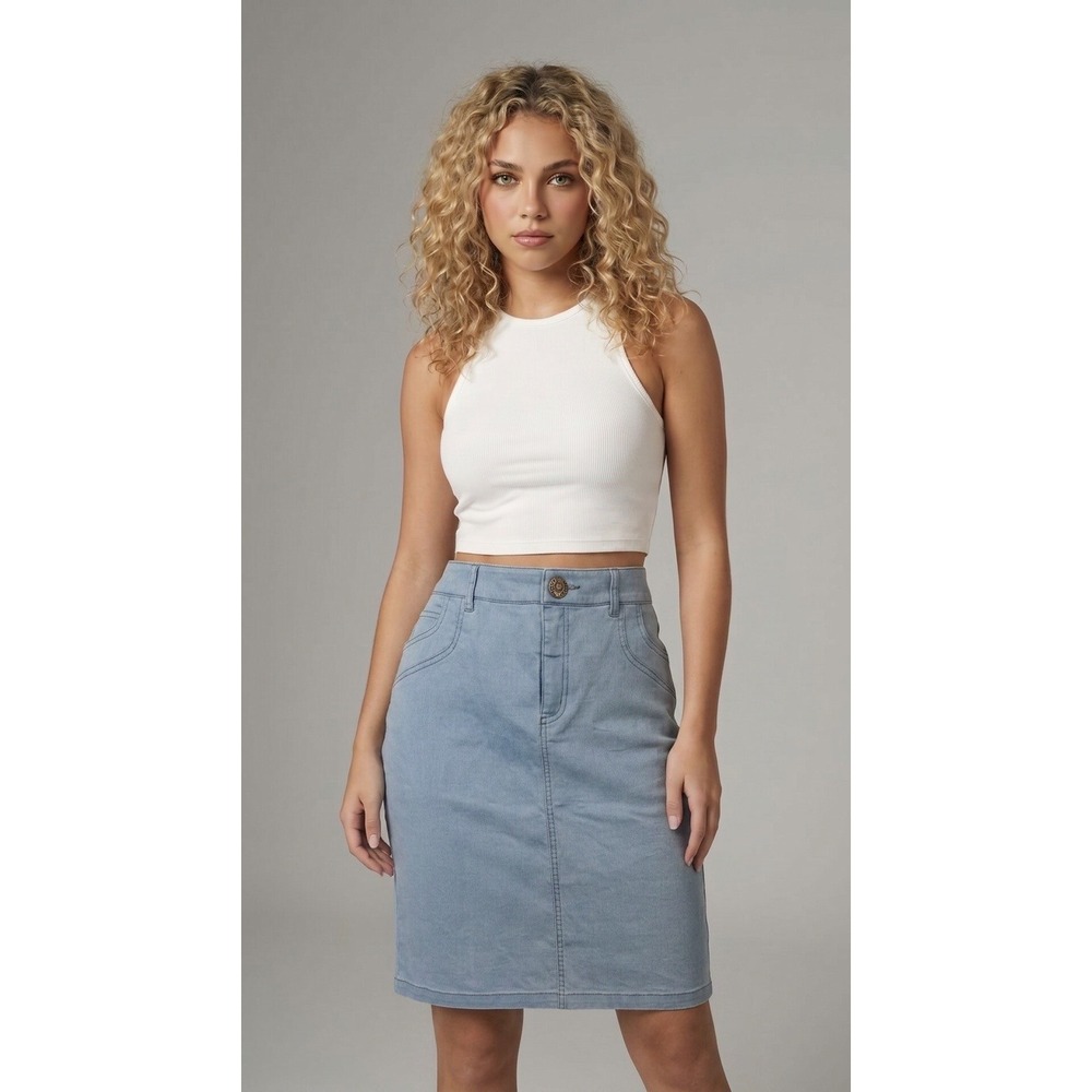 Tribal Denim Skirt Womens 10 Light Blue Excellent Stretch Cotton Pencil Mini
